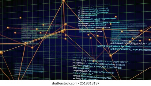 Image of scientific data processing over network of connections. Global science, connections, computing and data processing concept digitally generated image.