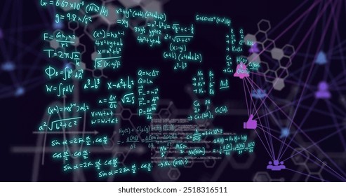 Image of scientific data processing over network of connections. Global science, connections, computing and data processing concept digitally generated image.
