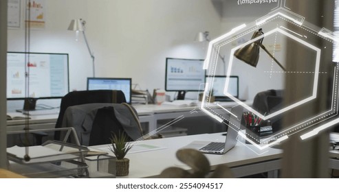 Image of scientific data processing over office. Global science, connections, computing and data processing concept digitally generated image.