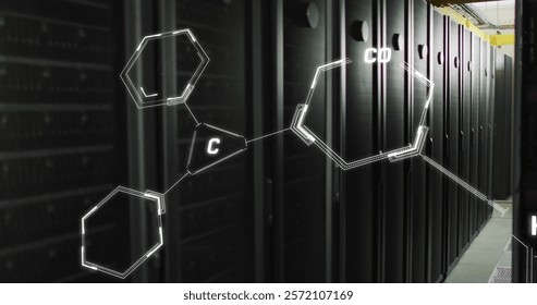 Image of scientific data processing over computer servers. Global science, connections, computing and data processing concept digitally generated image.