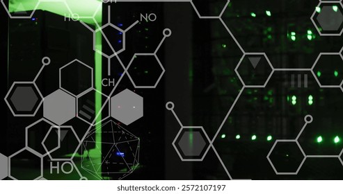 Image of scientific data processing over computer servers. Global science, connections, computing and data processing concept digitally generated image.