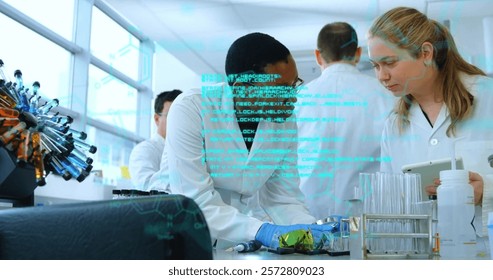 Image of scientific data processing over diverse scientists in laboratory. Global science, connections, computing and data processing concept digitally generated image.