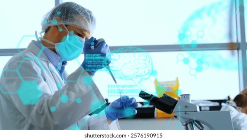 Image of scientific data processing over caucasian male scientist in laboratory. Global science, connections, computing and data processing concept digitally generated image.