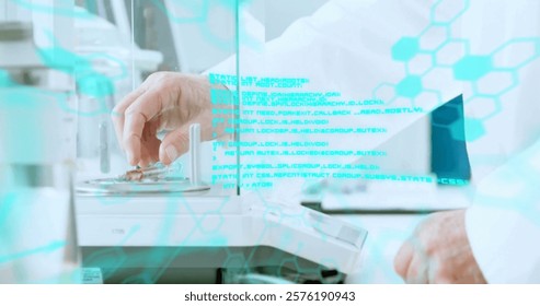 Image of scientific data processing over caucasian male scientist in laboratory. Global science, connections, computing and data processing concept digitally generated image.