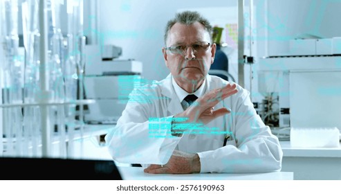 Image of scientific data processing over caucasian male scientist in laboratory. Global science, connections, computing and data processing concept digitally generated image.