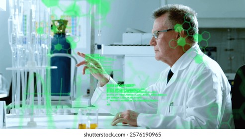 Image of scientific data processing over caucasian male scientist in laboratory. Global science, connections, computing and data processing concept digitally generated image.
