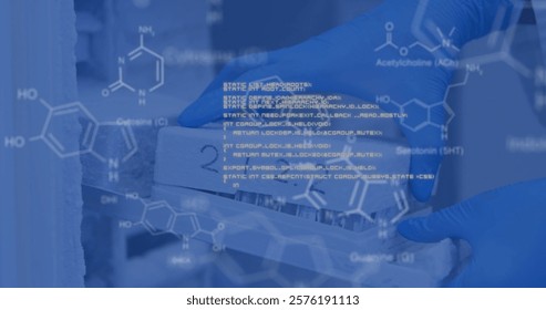 Image of scientific data processing over scientist in laboratory. Global science, connections, computing and data processing concept digitally generated image.