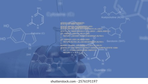 Image of scientific data processing over scientist in laboratory. Global science, connections, computing and data processing concept digitally generated image.