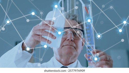 Image of scientific data processing over caucasian male scientist in laboratory. Global science, connections, computing and data processing concept digitally generated image.