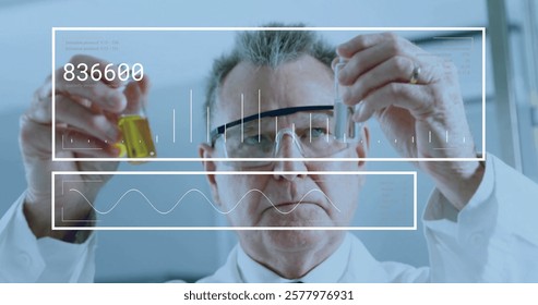 Image of scientific data processing over caucasian male scientist in laboratory. Global science, connections, computing and data processing concept digitally generated image.
