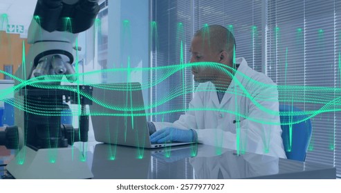 Image of scientific data processing over biracial male scientist in laboratory. Global science, connections, computing and data processing concept digitally generated image.