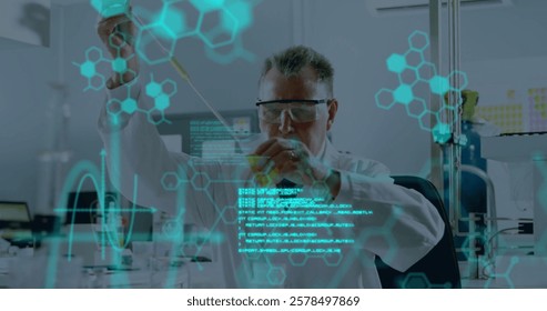 Image of scientific data processing over caucasian male scientist in laboratory. Global science, connections, computing and data processing concept digitally generated image.