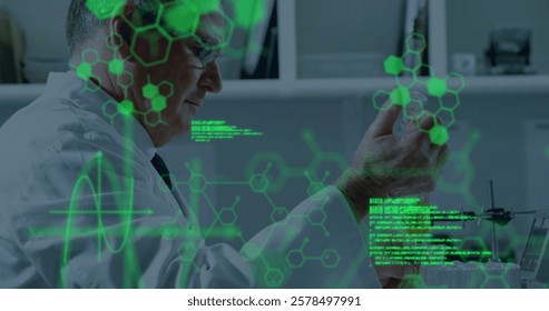 Image of scientific data processing over caucasian male scientist in laboratory. Global science, connections, computing and data processing concept digitally generated image.