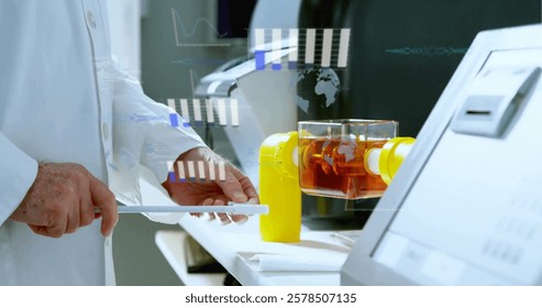Image of scientific data processing over caucasian male scientist in laboratory. Global science, connections, computing and data processing concept digitally generated image.