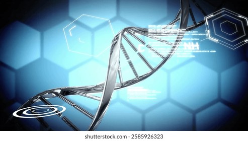 Image of scientific data processing over dna strand. Global science, connections, computing and data processing concept digitally generated image.