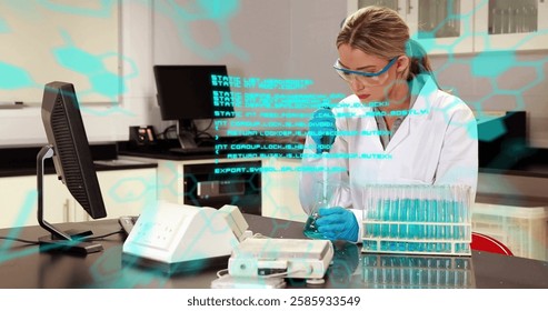 Image of scientific data processing over caucasian female scientist in laboratory. Global science, connections, computing and data processing concept digitally generated image. - Powered by Shutterstock - Get 15% off with code: PIKWIZARD15