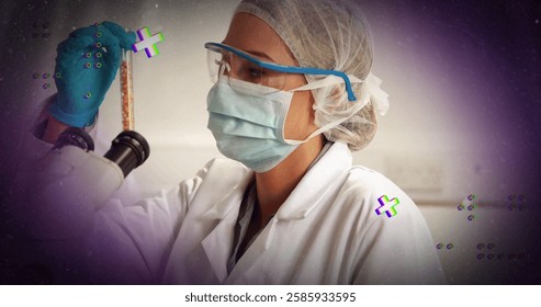 Image of scientific data processing over caucasian female scientist in laboratory. Global science, connections, computing and data processing concept digitally generated image.