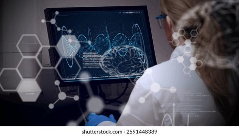 Image of scientific data processing over caucasian female scientist in laboratory. Global science, connections, computing and data processing concept digitally generated image.