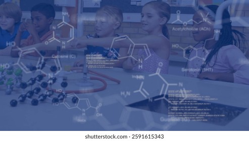 Image of scientific data processing over diverse schoolchildren in laboratory. Global science, connections, computing and data processing concept digitally generated image.