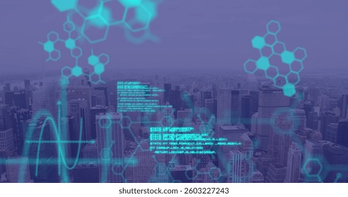 Image of scientific data processing over cityscape. global connections, digital interface and technology concept digitally generated image.