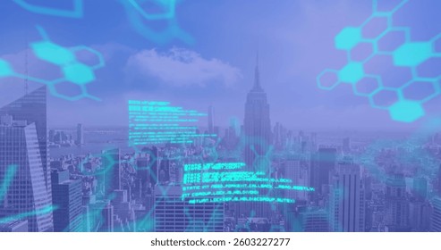 Image of scientific data processing over cityscape on blue background. global networks, connections and technology concept digitally generated image.