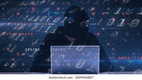 Image of scientific data processing over caucasian man using laptop. global science, technology and digital interface concept digitally generated image.