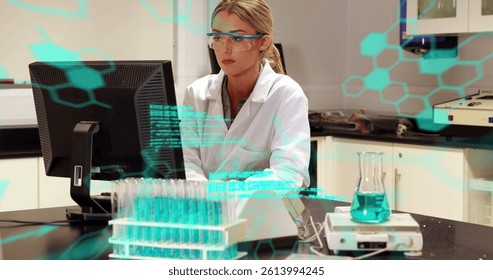Image of scientific data processing over female scientist using computer. global science, research, data processing and digital interface concept digitally generated image.