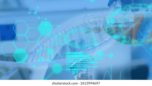 Image of scientific data processing over dna strand spinning. global science, research, data processing and digital interface concept digitally generated image.