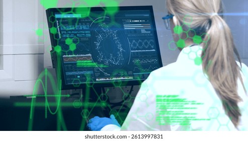 Image of scientific data processing over female scientist using computer. global science, research, data processing and digital interface concept digitally generated image.