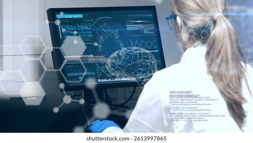 Image of scientific data processing over female scientist using computer. global science, research, data processing and digital interface concept digitally generated image.