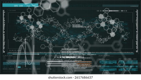 Image of scientific data processing over digital screen. science, human biology, technology and digital interface concept digitally generated image.