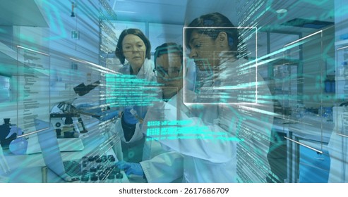 Image of scientific data processing over diverse female and male lab workers. health, medicine, science and technology concept digitally generated image.