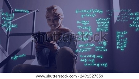 Image of scientific data processing over biracial female student. Global education, learning, school, digital interface and data processing concept digitally generated image.