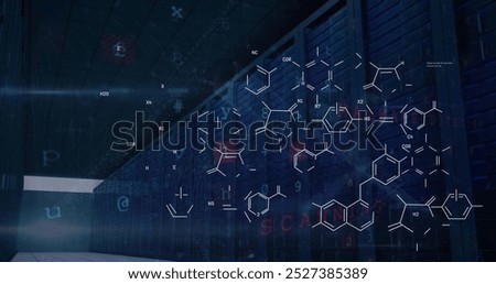 Image of scientific data processing over computer servers. Medicine, connections, computing and data processing concept digitally generated image.