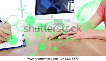 Image of scientific data processing over hands of caucasian female doctor and patient. medicine, health, science and technology concept digitally generated image.