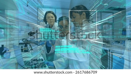 Image of scientific data processing over diverse female and male lab workers. health, medicine, science and technology concept digitally generated image.