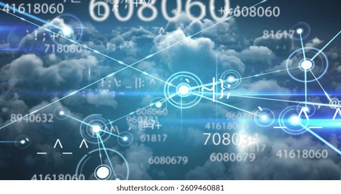 Image of scientific data processing and web of connections over cloudy sky. global science, technology and digital interface concept digitally generated image.