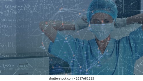 Image of scientific equations over caucasian surgeon in face mask. global data processing, medicine and healthcare services concept digitally generated image.