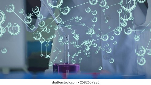 Image of scientist in lab coat analyzing digital data overlay with futuristic graphics. technology, innovation, research, laboratory, analysis, biotechnology - Powered by Shutterstock - Get 15% off with code: PIKWIZARD15