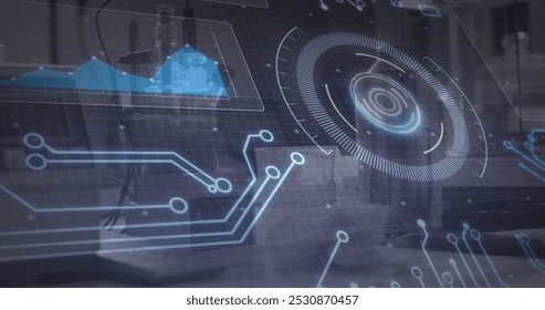 Image of scope, circuit board, data processing over laboratory. Global business, digital interface, computing and data processing concept digitally generated image.
