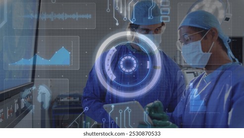 Image of scope, circuit board, data processing over surgeons. Global medicine, digital interface, computing and data processing concept digitally generated image.