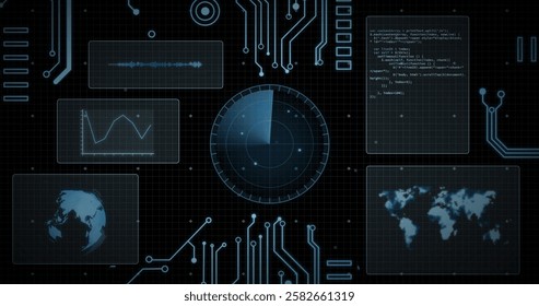 Image of scope, circuit board and data processing over screens on black background. Global connections, computing and data processing concept digitally generated image.