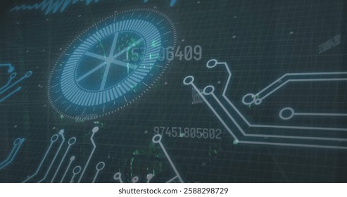 Image of scope, circuit board and data processing over dark background. Global finance, business, connections, computing and data processing concept digitally generated image.