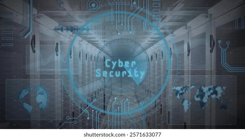 Image of scope with cloud icon and data processing over computer servers. Global business, finances, cloud computing and data processing concept digitally generated image.