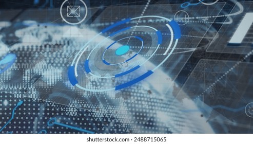 Image of scope and connections over globe. Global computing, data processing and connections concept digitally generated image.