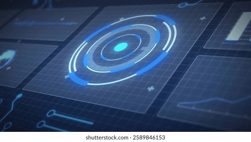 Image of scope and data processing with circuit board. Global finance, business, connections, computing and data processing concept digitally generated image.