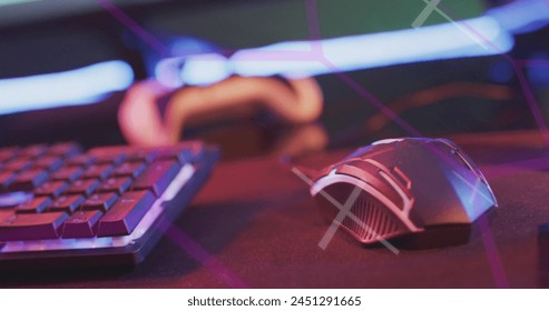 Image of scope and data processing over image game computer equipment. Global image game, digital interface, data processing and connections concept digitally generated image.