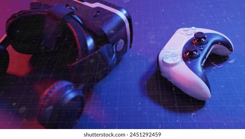 Image of scope and data processing over image game computer equipment. Global image game, digital interface, data processing and connections concept digitally generated image.