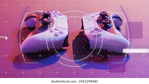 Image of scope and data processing over image game pads. Global image game, digital interface, data processing and connections concept digitally generated image.