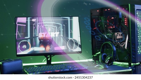 Image of scope and data processing over image game computer equipment. Global image game, digital interface, data processing and connections concept digitally generated image.